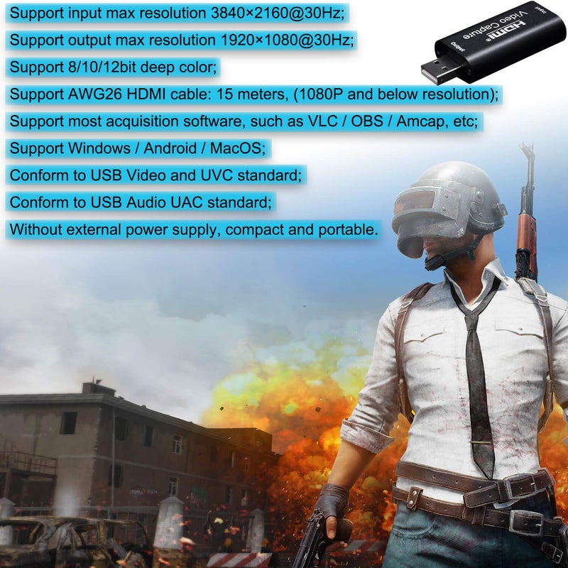 BlueAVS HDMI to USB Video Capture Card 1080P for Live Video Streaming Record via DSLR Camcorder Action Cam - Capture 1080P@30Hz (Metal-Black) - Image 5